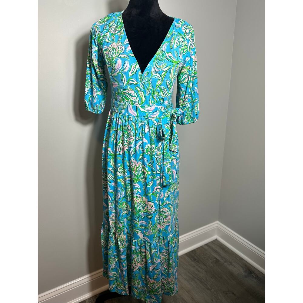 Lilly Pulitzer Maxi Wrap Dress Midi Small Blue Green Floral Tropical Resort